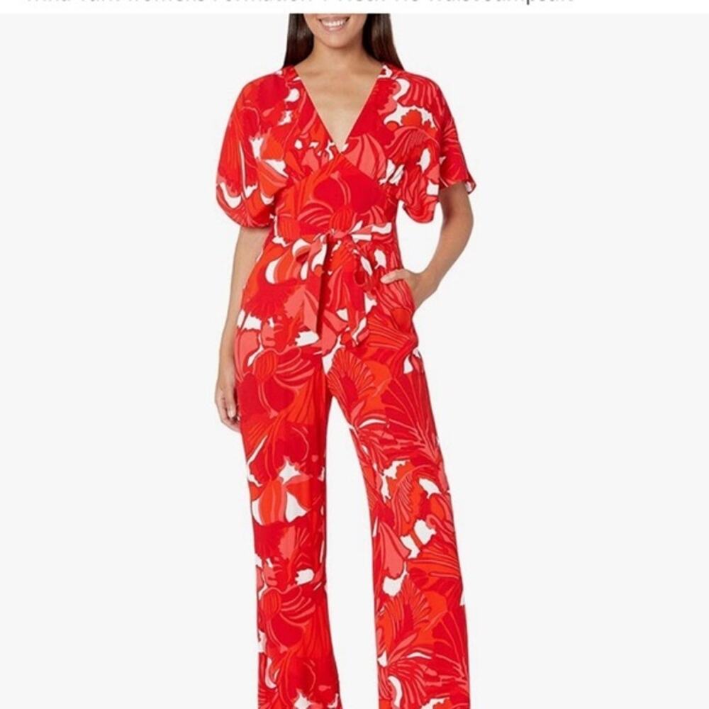 Trina Turk Formation V Neck Tie Waist Jumpsuit Size 8 Red White Tropical Floral